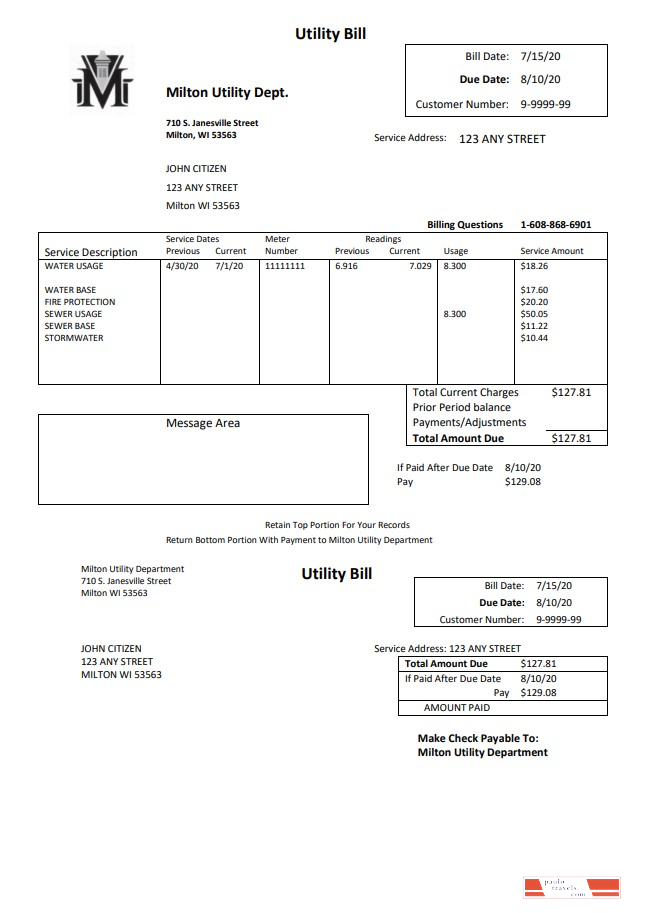 USA Massachusetts Milton Utility Dept water utility bill template in Word and PDF format